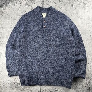 L.L.Bean Sweater Mens L Blue Lambswool Henley Mock Neck Ragg Knit Fisherman